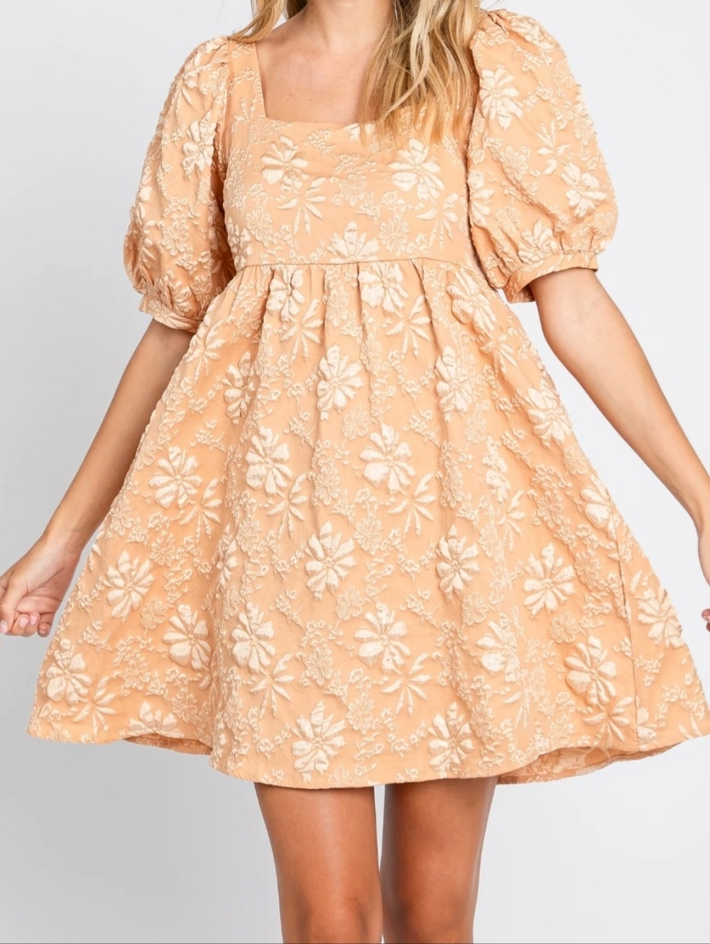 PinkBlush Peach Floral Square Neck Dress